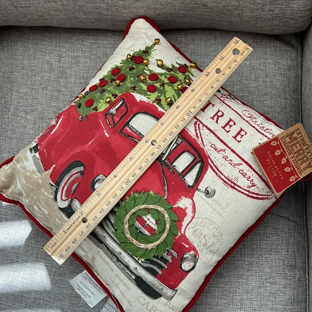 Vintage Inspired Christmas Holiday Pillow with vintage red truck & jingle bells